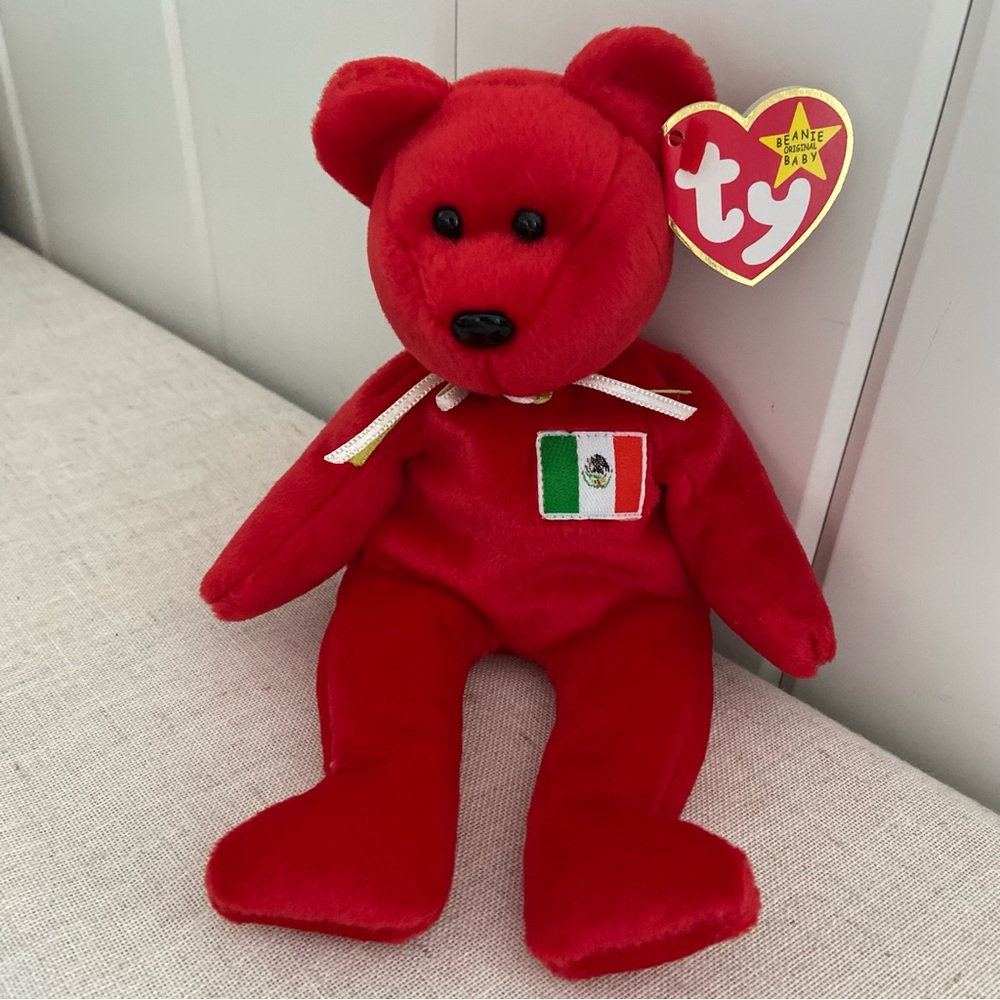 90s Ty Beanie Baby Bear OSITO Mexican Flag patch red plush vintage 1999 Mexico